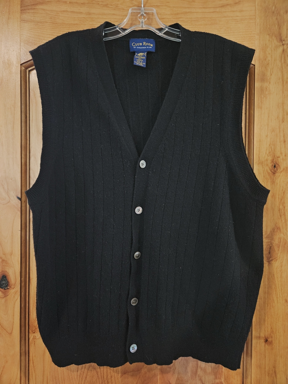 Vintage Club Room 100% Lambswool Sweater Vest Black Ribbed Button Front L Womens